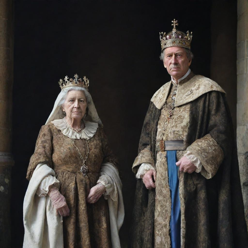 A stark contrast between a very poor woman, dressed in ragged clothing, standing next to a grandly attired king, adorned with a royal crown and regal robe.