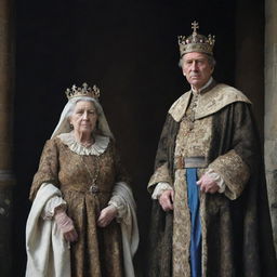 A stark contrast between a very poor woman, dressed in ragged clothing, standing next to a grandly attired king, adorned with a royal crown and regal robe.