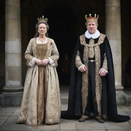 A stark contrast between a very poor woman, dressed in ragged clothing, standing next to a grandly attired king, adorned with a royal crown and regal robe.