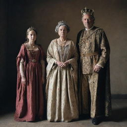 A stark contrast between a very poor woman, dressed in ragged clothing, standing next to a grandly attired king, adorned with a royal crown and regal robe.