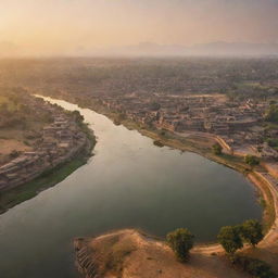 An emotive, aerial view of the Kingdom of Hampi at sunrise, showcasing a winding river, towering mountains, and the city just waking up.