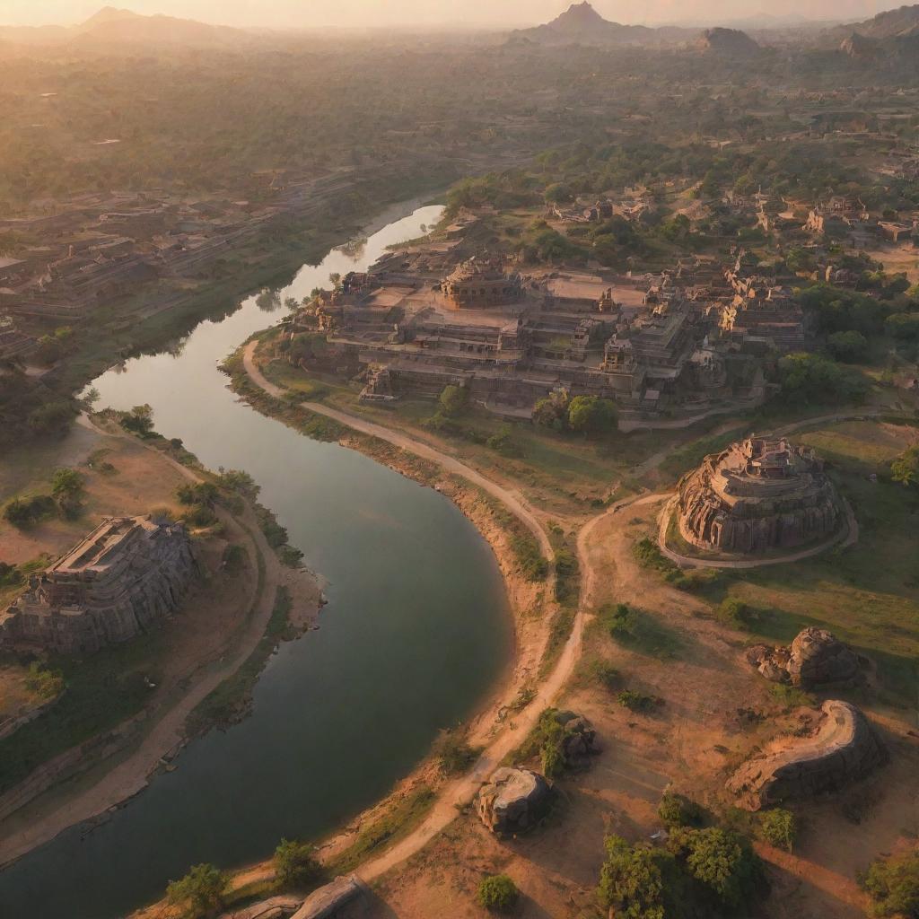 An emotive, aerial view of the Kingdom of Hampi at sunrise, showcasing a winding river, towering mountains, and the city just waking up.