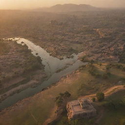 An emotive, aerial view of the Kingdom of Hampi at sunrise, showcasing a winding river, towering mountains, and the city just waking up.