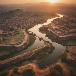 An emotive, aerial view of the Kingdom of Hampi at sunrise, showcasing a winding river, towering mountains, and the city just waking up.