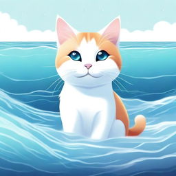 A high-quality digital art piece featuring a small, charming cat smiling amidst a vast sea