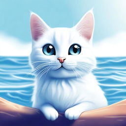 A high-quality digital art piece featuring a small, charming cat smiling amidst a vast sea