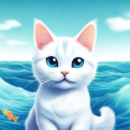 A high-quality digital art piece featuring a small, charming cat smiling amidst a vast sea