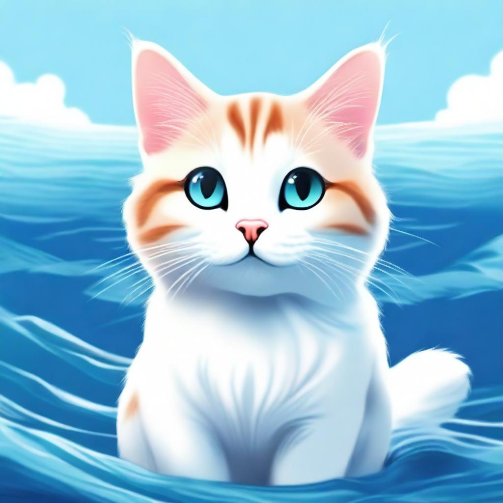 A high-quality digital art piece featuring a small, charming cat smiling amidst a vast sea