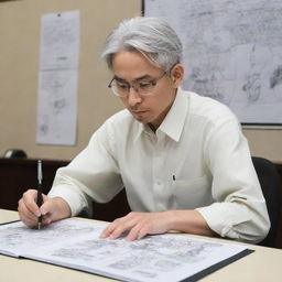 Senku Ishigami from 'Dr. Stone' as a focused, talented manga artist, engrossed in sketching a compelling storyboard