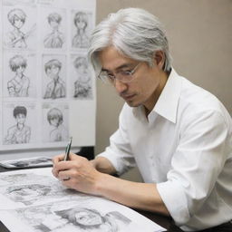 Senku Ishigami from 'Dr. Stone' as a focused, talented manga artist, engrossed in sketching a compelling storyboard