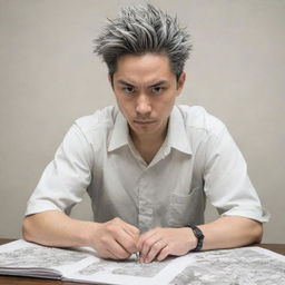 Senku Ishigami from 'Dr. Stone' as a focused, talented manga artist, engrossed in sketching a compelling storyboard