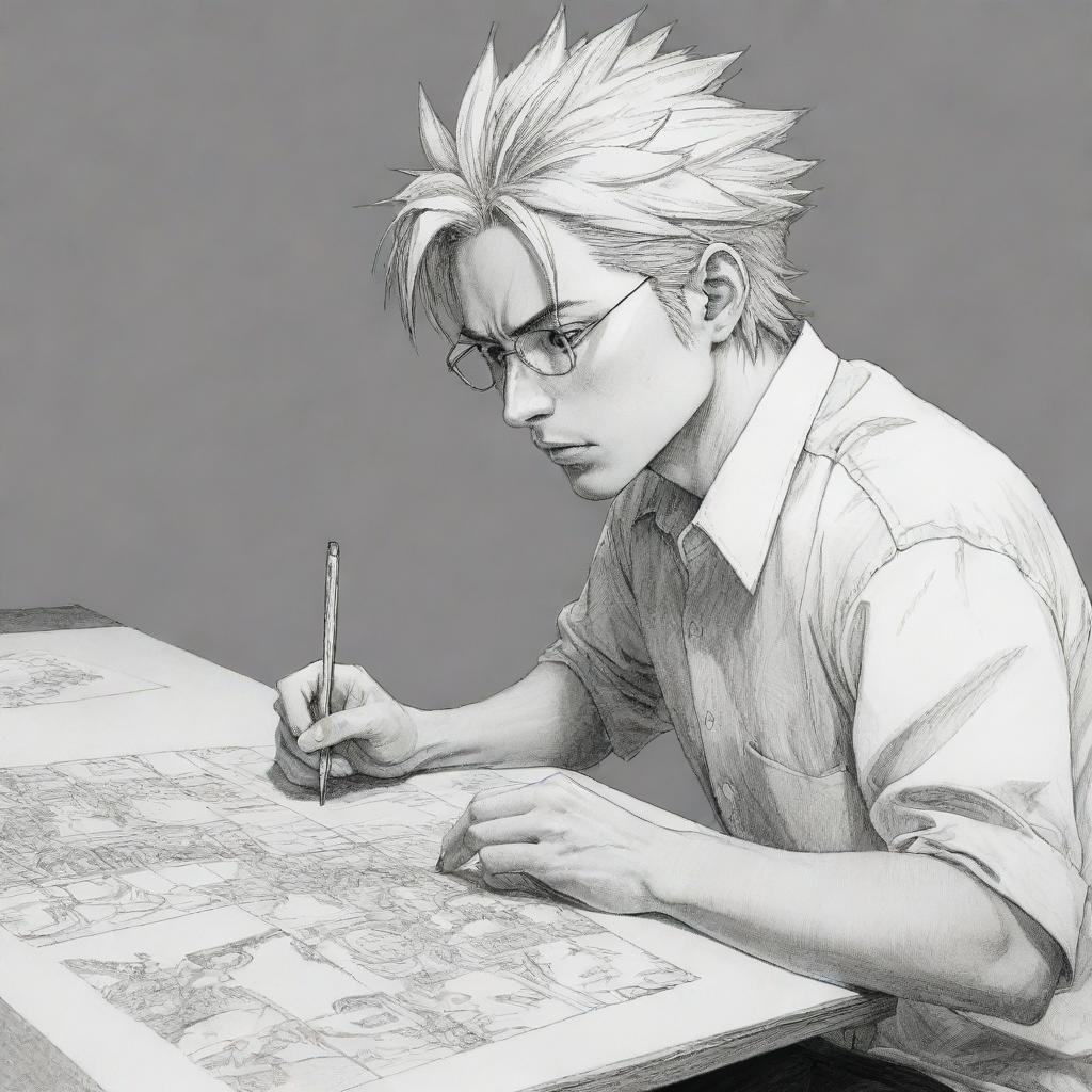 Senku Ishigami from 'Dr. Stone' as a focused, talented manga artist, engrossed in sketching a compelling storyboard