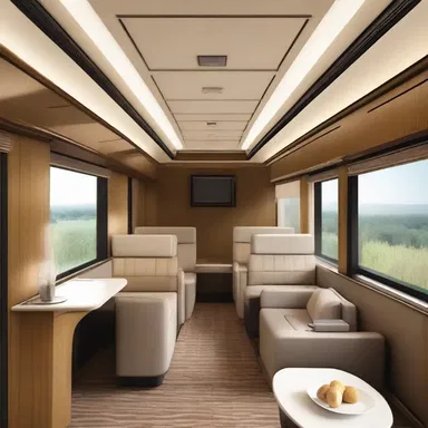 The club car was designed with sleek and modern furnishings, creating a luxurious lounge area for passengers on the train.