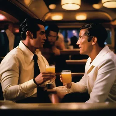 The scene in the movie takes place in a club car, where the characters engage in intense conversations while sipping their drinks.