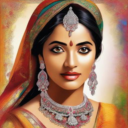 A high-quality digital art image featuring an attractive Indian woman