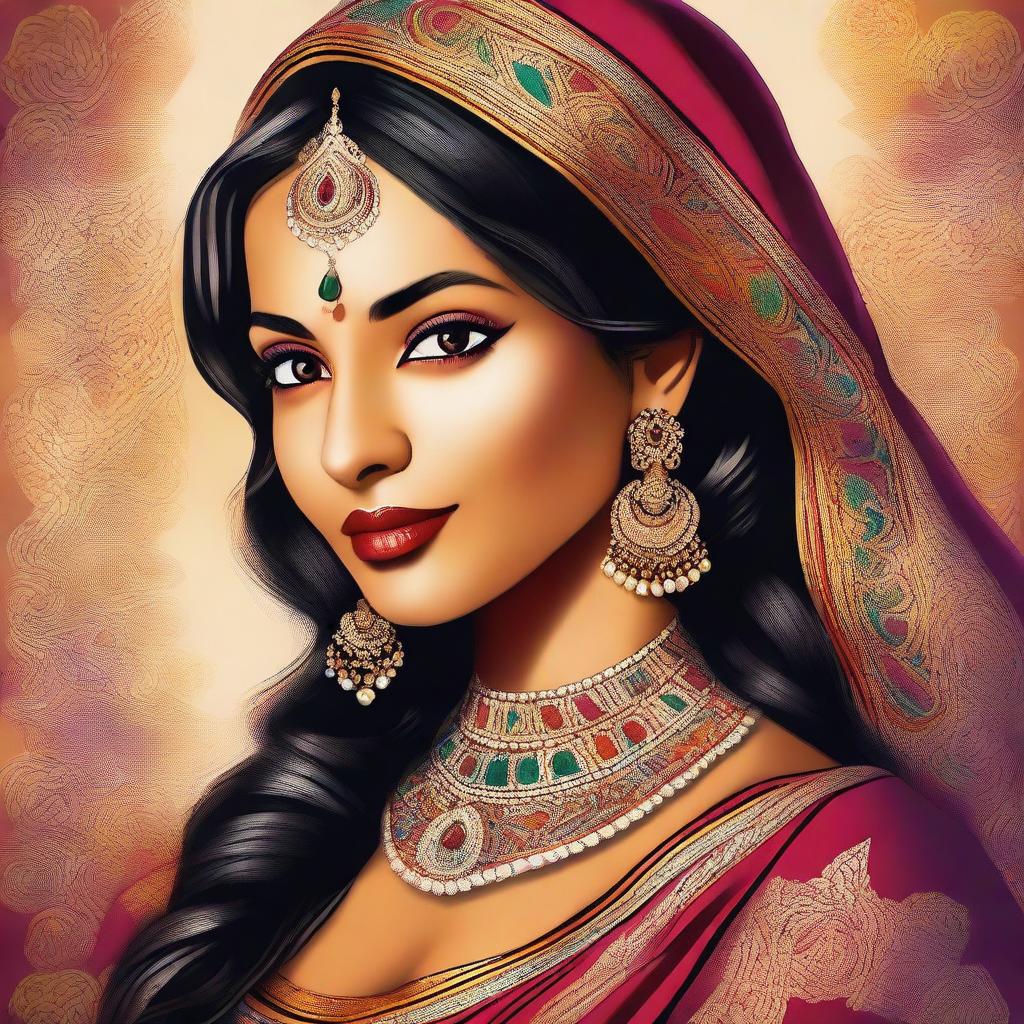 A high-quality digital art image featuring an attractive Indian woman