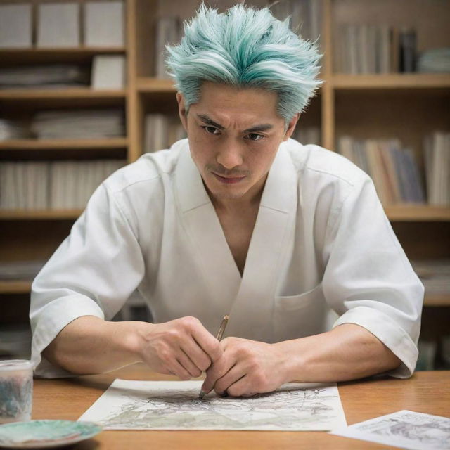 Senku Ishigami from the anime 'Dr. Stone' portrayed as a dedicated manga artist, carefully crafting an intense manga scene