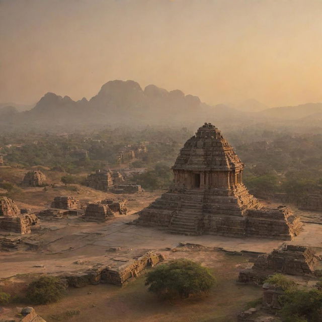 An emotionally charged, sunrise over the ancient Kingdom of Hampi, with towering mountains, a grand temple, seen both from ground level for establishing shot and an aerial perspective, revealing a moment frozen in time.