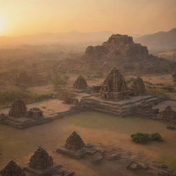 An emotionally charged, sunrise over the ancient Kingdom of Hampi, with towering mountains, a grand temple, seen both from ground level for establishing shot and an aerial perspective, revealing a moment frozen in time.