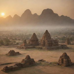 An emotionally charged, sunrise over the ancient Kingdom of Hampi, with towering mountains, a grand temple, seen both from ground level for establishing shot and an aerial perspective, revealing a moment frozen in time.