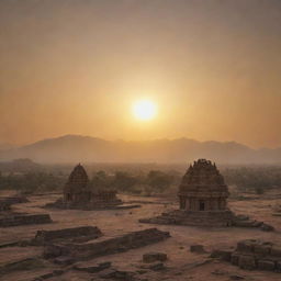 An emotionally charged, sunrise over the ancient Kingdom of Hampi, with towering mountains, a grand temple, seen both from ground level for establishing shot and an aerial perspective, revealing a moment frozen in time.