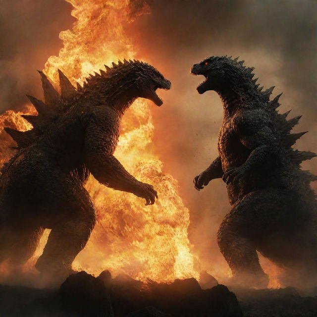 A cinematic, dramatic showdown between Godzilla and Ghidora, complete with a fiery backdrop and electric tension in the atmosphere.