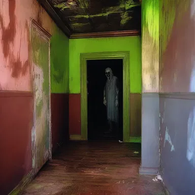 The haunted house was painted in eerie colors, with the umlauts on the walls seeming to stare at the terrified visitors.