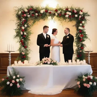 As the couple exchanged vows, they stood before the beautifully decorated communion table adorned with roses and candles.