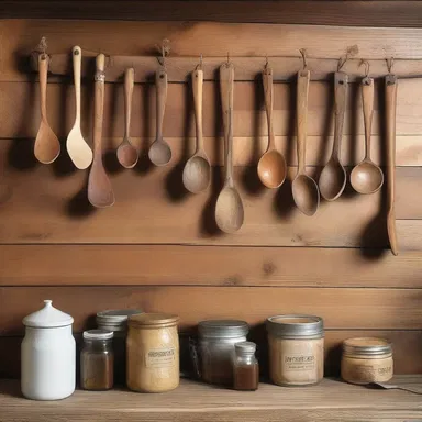 The rustic cabin is adorned with a collection of wooden spoons hanging on the kitchen wall, adding a cozy touch to the interior.