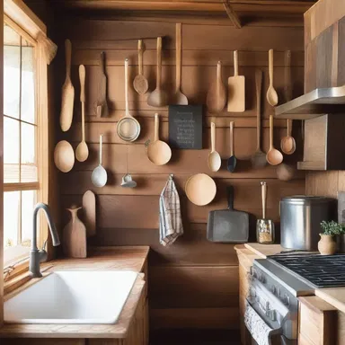 The rustic cabin is adorned with a collection of wooden spoons hanging on the kitchen wall, adding a cozy touch to the interior.