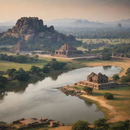 Create an emotive image of the Kingdom of Hampi. Include a long river viewed in the distance, towering mountains, and a large temple that seems to reach the sky. It should offer an aerial perspective showcasing the city's magnitude.