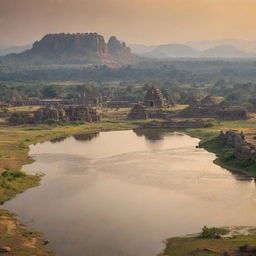 Create an emotive image of the Kingdom of Hampi. Include a long river viewed in the distance, towering mountains, and a large temple that seems to reach the sky. It should offer an aerial perspective showcasing the city's magnitude.