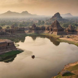 Create an emotive image of the Kingdom of Hampi. Include a long river viewed in the distance, towering mountains, and a large temple that seems to reach the sky. It should offer an aerial perspective showcasing the city's magnitude.