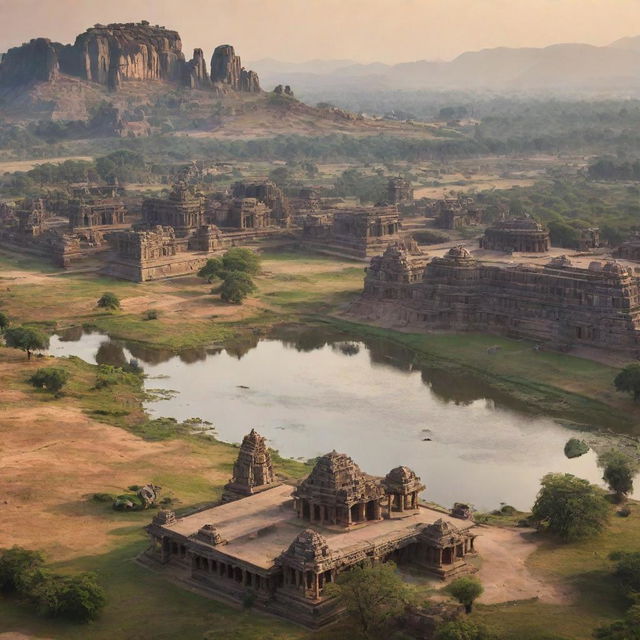 Create an emotive image of the Kingdom of Hampi. Include a long river viewed in the distance, towering mountains, and a large temple that seems to reach the sky. It should offer an aerial perspective showcasing the city's magnitude.