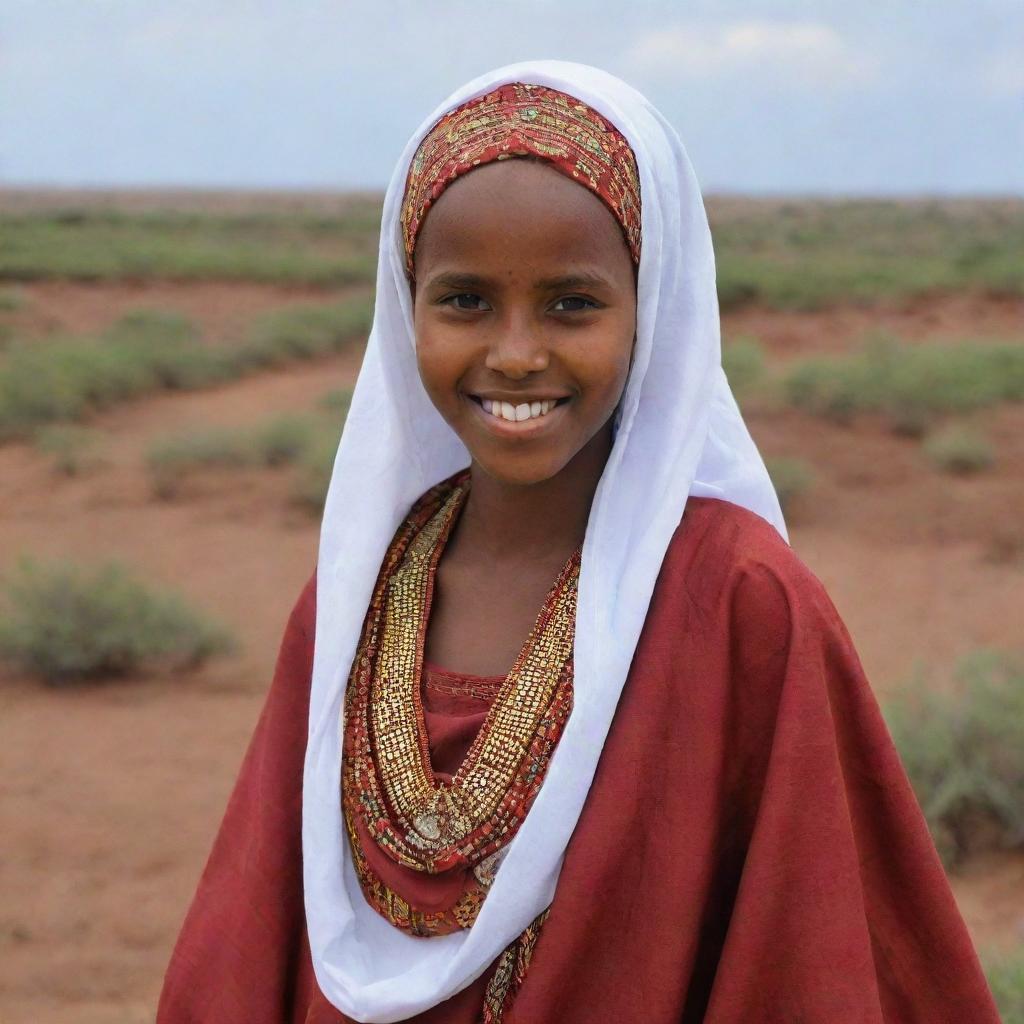 A young Somali girl wearing traditional clothing, standing in an environment typical of the East African landscape, with a radiant smile on her face.