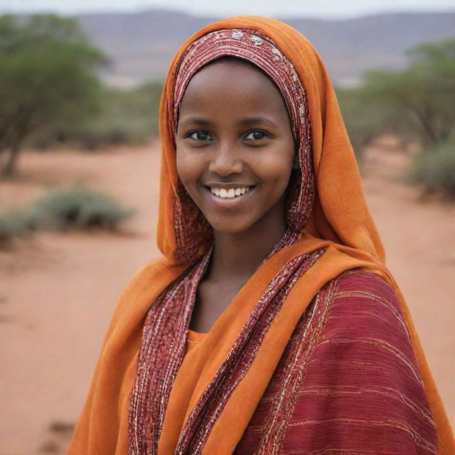 A young Somali girl wearing traditional clothing, standing in an environment typical of the East African landscape, with a radiant smile on her face.