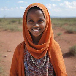 A young Somali girl wearing traditional clothing, standing in an environment typical of the East African landscape, with a radiant smile on her face.