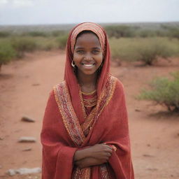 A young Somali girl wearing traditional clothing, standing in an environment typical of the East African landscape, with a radiant smile on her face.