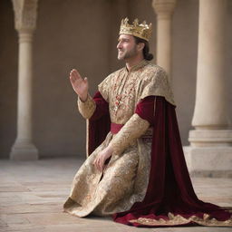 A noble king in royal garments, kneeling down, extending his hand in aid to his people. The expression on his face shows empathy and kindness.