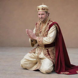 A noble king in royal garments, kneeling down, extending his hand in aid to his people. The expression on his face shows empathy and kindness.