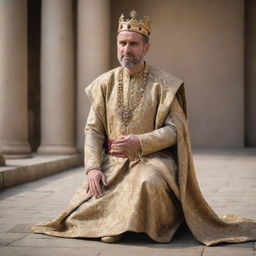 A noble king in royal garments, kneeling down, extending his hand in aid to his people. The expression on his face shows empathy and kindness.