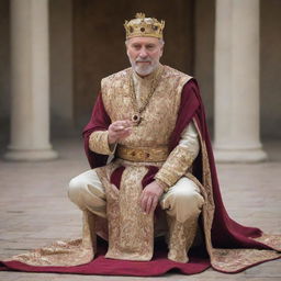 A noble king in royal garments, kneeling down, extending his hand in aid to his people. The expression on his face shows empathy and kindness.