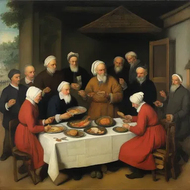 The painting depicts a festive scene during a movable feast.