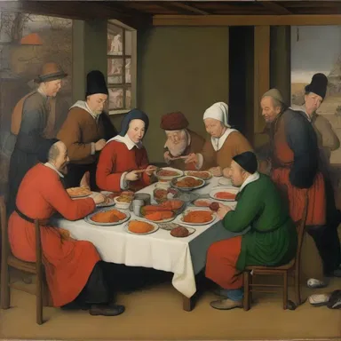 The painting depicts a festive scene during a movable feast.