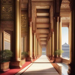 This digital art image presents the breathtaking view of an imperial palace's outdoor passageways