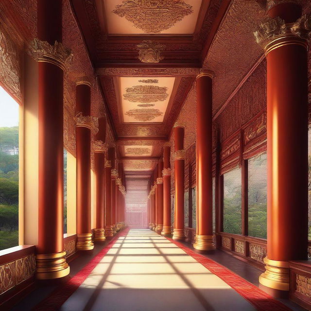 This digital art image presents the breathtaking view of an imperial palace's outdoor passageways