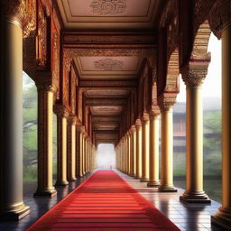 This digital art image presents the breathtaking view of an imperial palace's outdoor passageways