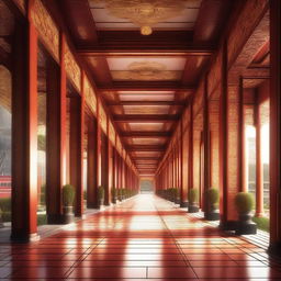 This digital art image presents the breathtaking view of an imperial palace's outdoor passageways