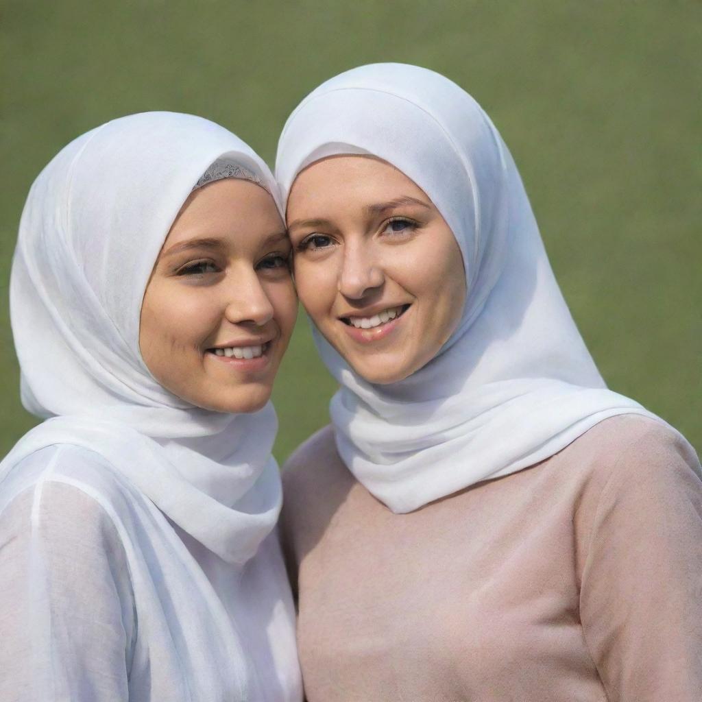 A realistic image of singer Niall Horan standing with a girl wearing a hijab, her face hidden from view. They are happy and sharing a friendly moment.