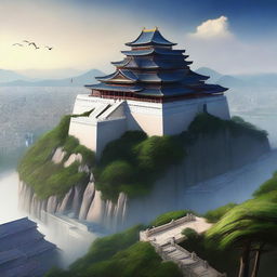 This high-quality digital art image captures a grand imperial palace perched atop a hill, overlooking the sprawling city below